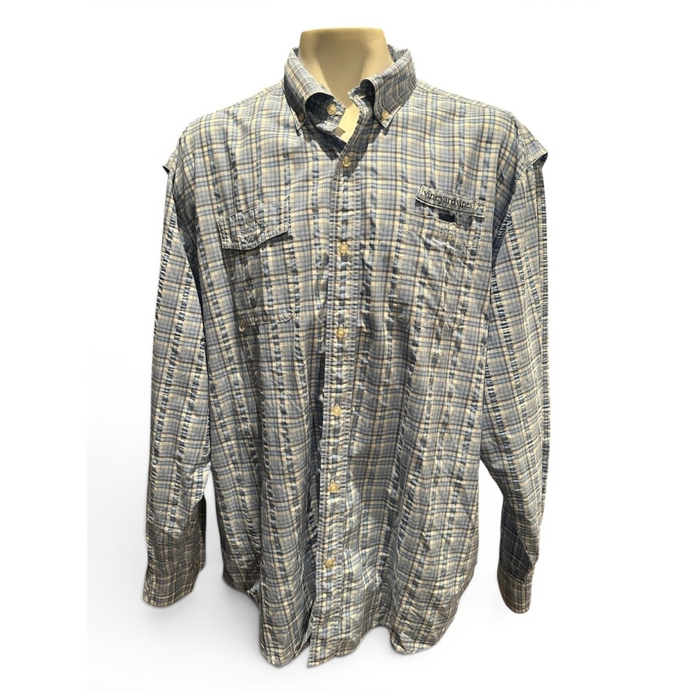 Vineyard Vines Harbor Shirt XXL Blue Plaid Fishing Vented Performance